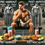 Muscular bodybuilder sitting on a gym bench, divided into Pre-Workout and Post-Workout Nutrition sections. Left side features a banana, oats, and a protein smoothie for energy