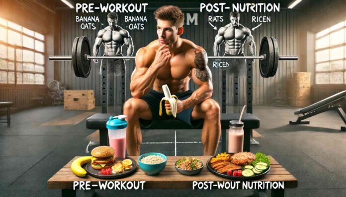 Muscular bodybuilder sitting on a gym bench, divided into Pre-Workout and Post-Workout Nutrition sections. Left side features a banana, oats, and a protein smoothie for energy, while the right side showcases a protein shake, grilled chicken, rice, and vegetables for muscle recovery. Fitness-themed background with motivational gym elements.