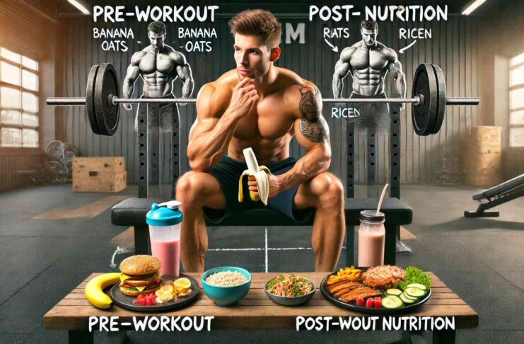 Muscular bodybuilder sitting on a gym bench, divided into Pre-Workout and Post-Workout Nutrition sections. Left side features a banana, oats, and a protein smoothie for energy, while the right side showcases a protein shake, grilled chicken, rice, and vegetables for muscle recovery. Fitness-themed background with motivational gym elements.