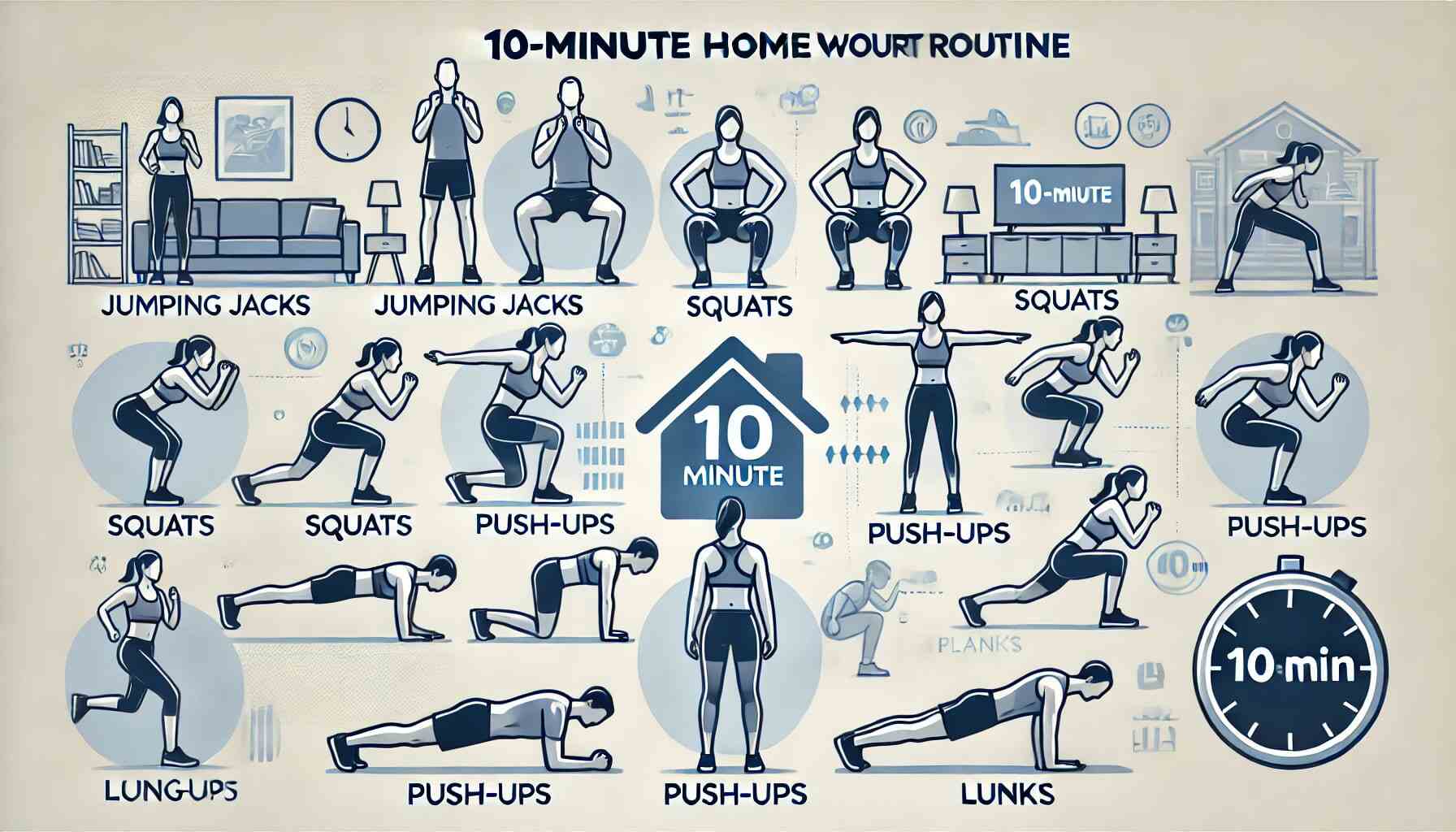 Illustration of a 10-minute home workout routine with exercises like jumping jacks, squats, push-ups, lunges, and planks.