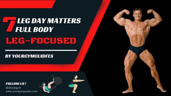 Leg focused workout routine(1) Infographic comparing a traditional workout split with a legs-focused split. On the left, a cartoon figure with skinny legs and a red 'X' represents the standard routine. On the right, a muscular leg figure with a green checkmark showcases the ideal legs-focused training. Title above reads 'LEG DAY MATTERS: The Best Legs-Focused Weekly Workout Split for Balanced Gains