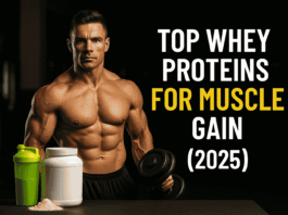 Muscular bodybuilder holding a dumbbell beside whey protein jars and a shaker bottle in a gym, promoting the best whey proteins for muscle gain in 2025.