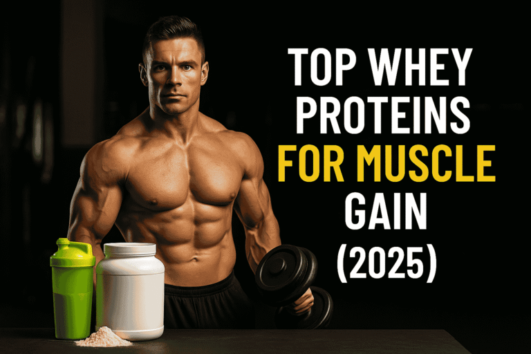 Muscular bodybuilder holding a dumbbell beside whey protein jars and a shaker bottle in a gym, promoting the best whey proteins for muscle gain in 2025.